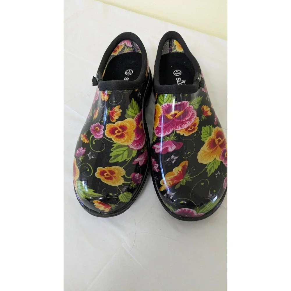 Sloggers Waterproof Rain & Garden Black Pansy Slip On Shoe Women's Size 9